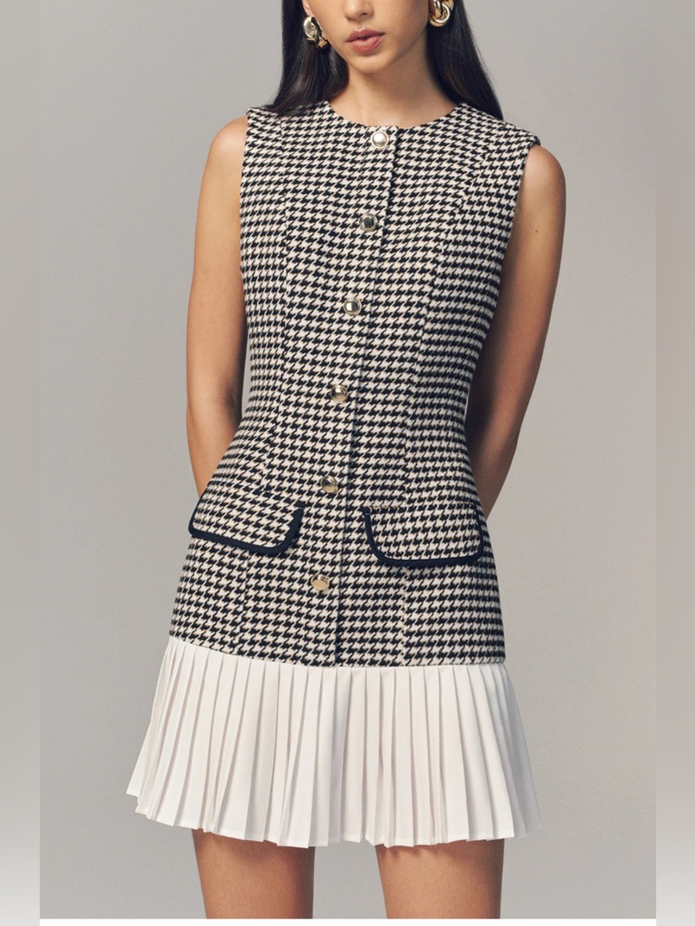 NWT Commense Houndstooth Sleeveless Pleated Hem Mini Dress Wool Blend - Picture 3 of 11